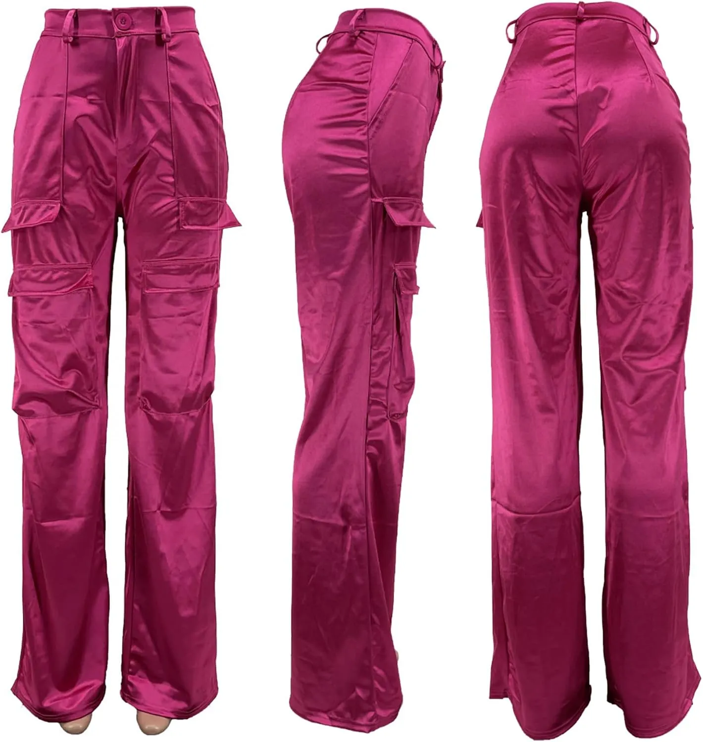 Seltaon Womens Casual Satin Cargo Pants High Waisted Wide Leg Trousers with Pockets Y2K Streetwear