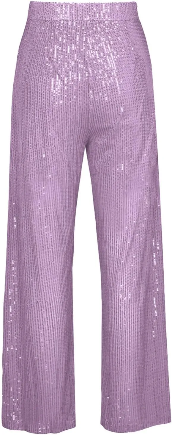 Sequin Pants for Women High Waisted Fashion Glitter Flare Bell Bottom Stretchy Casual Loose Night Party Wide Leg Trousers