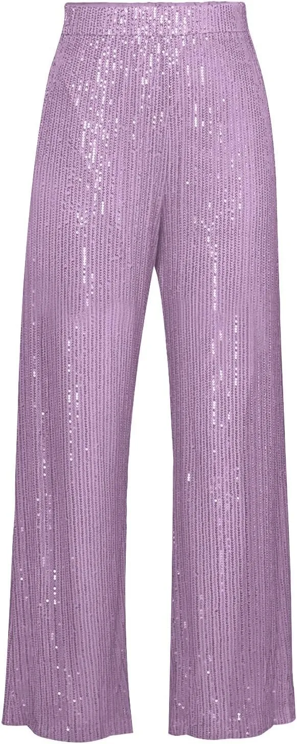 Sequin Pants for Women High Waisted Fashion Glitter Flare Bell Bottom Stretchy Casual Loose Night Party Wide Leg Trousers