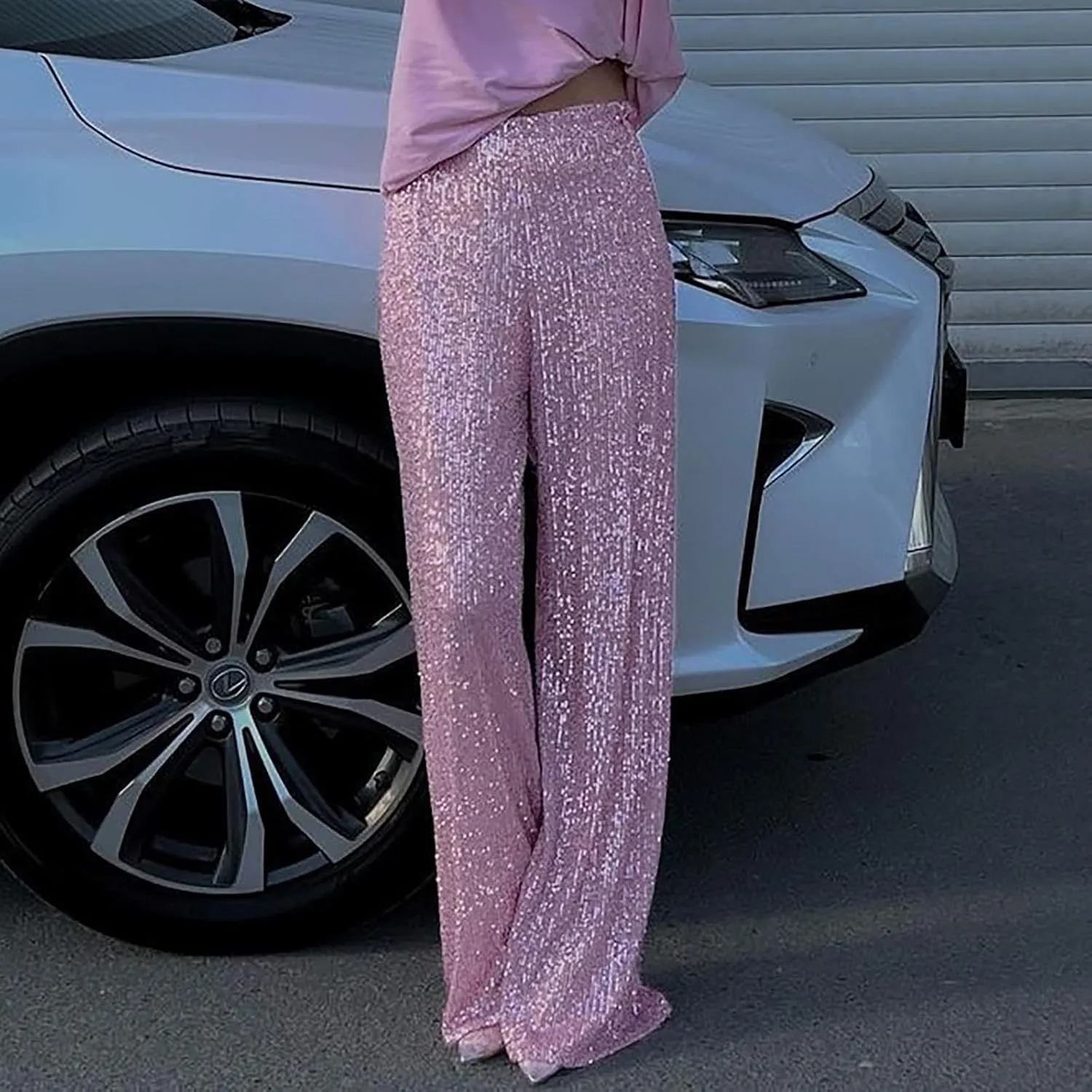 Sequin Pants for Women High Waisted Fashion Glitter Flare Bell Bottom Stretchy Casual Loose Night Party Wide Leg Trousers