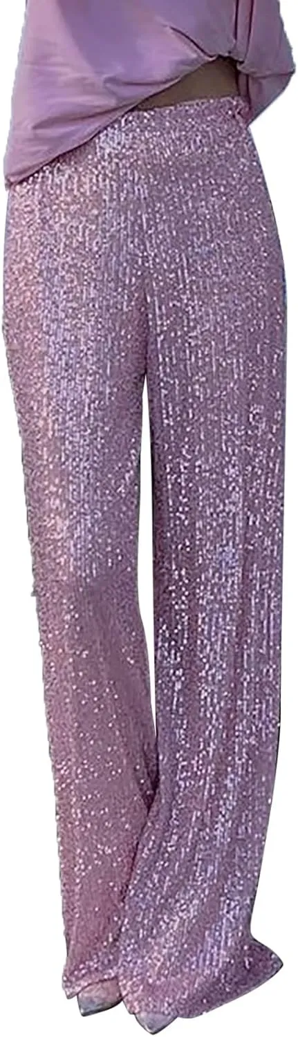 Sequin Pants for Women High Waisted Fashion Glitter Flare Bell Bottom Stretchy Casual Loose Night Party Wide Leg Trousers