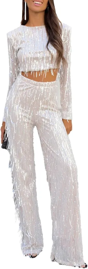 Sequin Two Piece Set for Women Long Sleeve Crop Top Sparkly Sequin Pants Party Fringe Sparkle Outfit