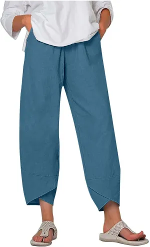 SMIDOW Capri Pants for Women Cotton Linen Wide Leg Capris Casual Summer Cropped Pants Beach Elastic Waist Baggy Crop Trousers