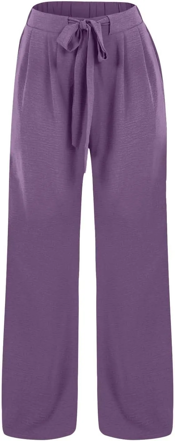 Solid Cotton Linen Pants for Women Wide Leg Drawstring Elastic High Waist Pant Casual Summer Relax Trousers