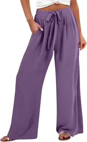 Solid Cotton Linen Pants for Women Wide Leg Drawstring Elastic High Waist Pant Casual Summer Relax Trousers