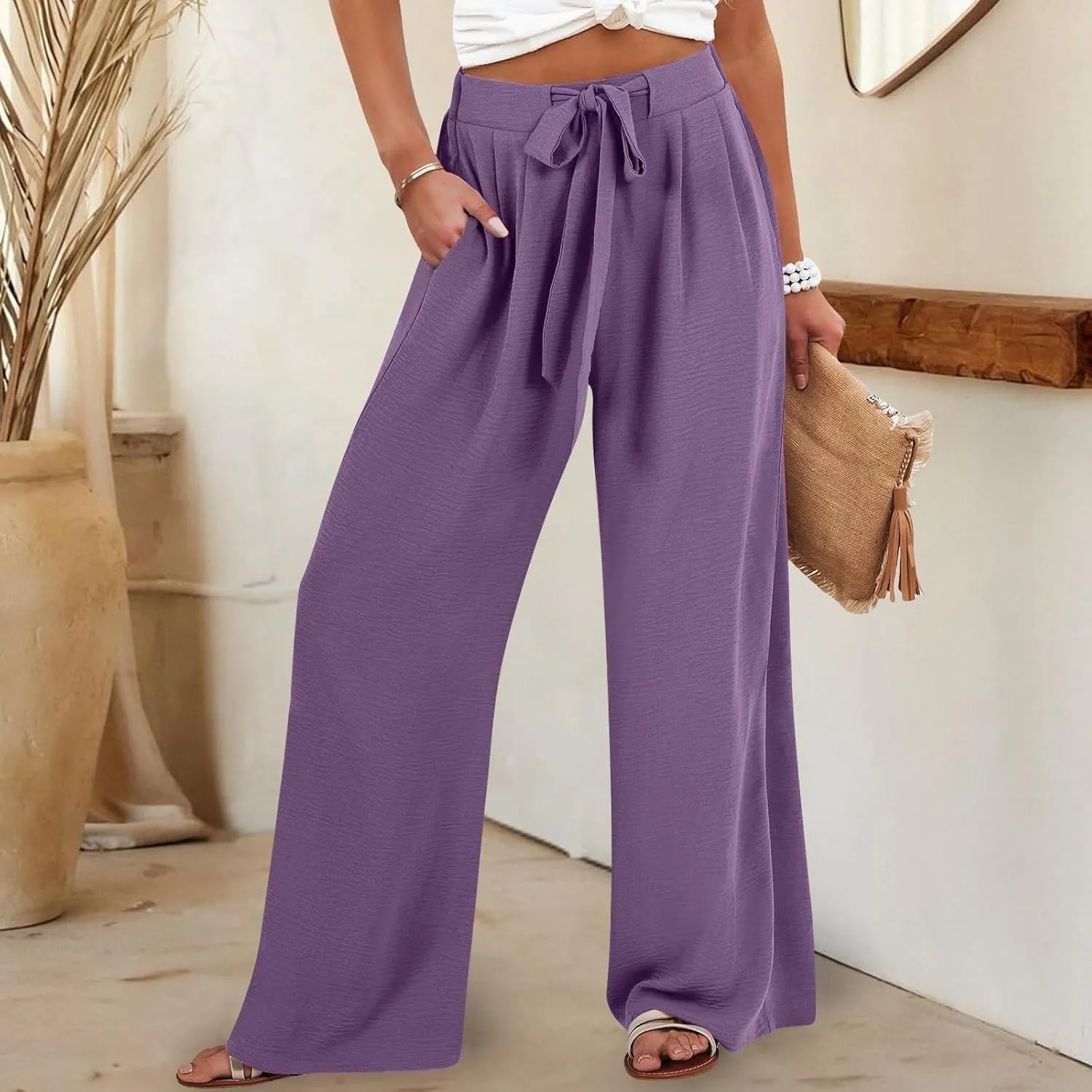 Solid Cotton Linen Pants for Women Wide Leg Drawstring Elastic High Waist Pant Casual Summer Relax Trousers