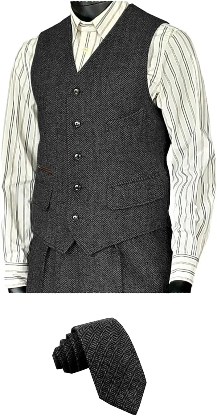 SOLOVEDRESS Men's Vintage Suit Vest Wool Sleeveless Waistcoat Tweed For Wedding Groomsmen
