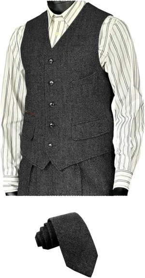 SOLOVEDRESS Men's Vintage Suit Vest Wool Sleeveless Waistcoat Tweed For Wedding Groomsmen