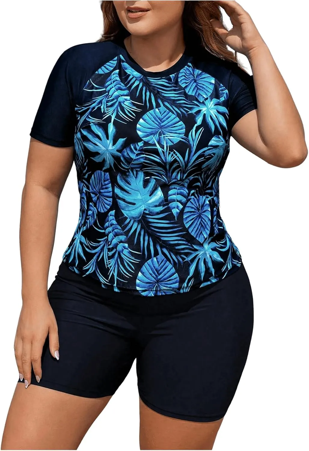 SOLY HUX Women's Plus Size Tankini Swimsuits Tropical Rash Guard Short Sleeve Swim Shirt with Shorts Two Piece Bathing Suit