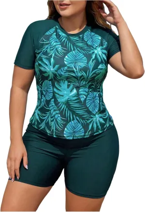 SOLY HUX Women's Plus Size Tankini Swimsuits Tropical Rash Guard Short Sleeve Swim Shirt with Shorts Two Piece Bathing Suit