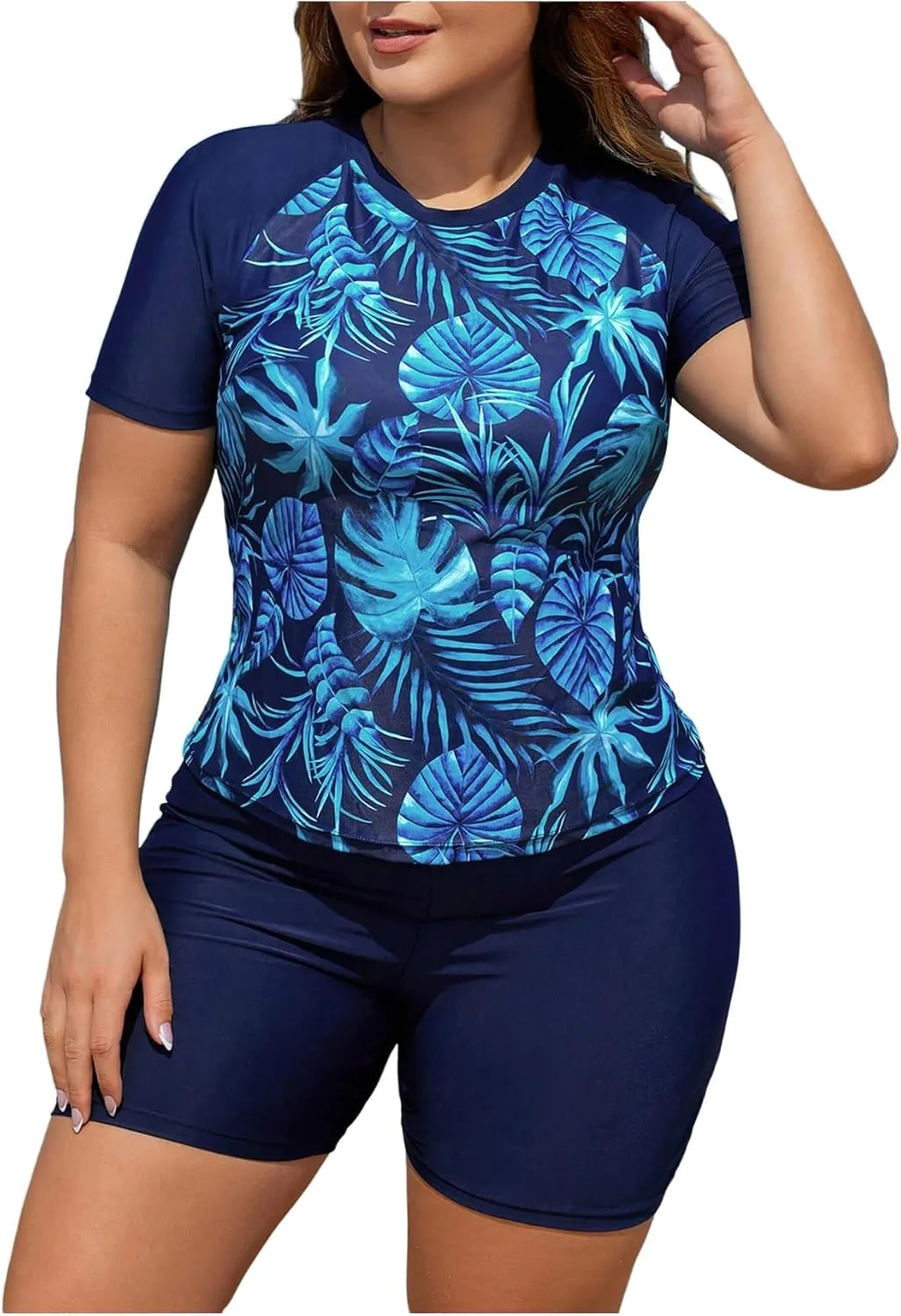 SOLY HUX Women's Plus Size Tankini Swimsuits Tropical Rash Guard Short Sleeve Swim Shirt with Shorts Two Piece Bathing Suit