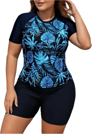 SOLY HUX Women's Plus Size Tankini Swimsuits Tropical Rash Guard Short Sleeve Swim Shirt with Shorts Two Piece Bathing Suit