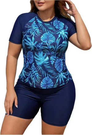 SOLY HUX Women's Plus Size Tankini Swimsuits Tropical Rash Guard Short Sleeve Swim Shirt with Shorts Two Piece Bathing Suit