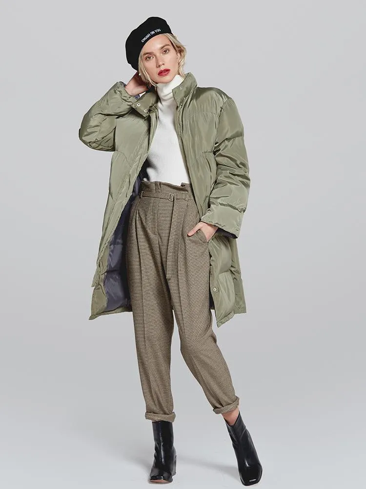 Stand Collar Solid Color Women Oversized Long Down Coat