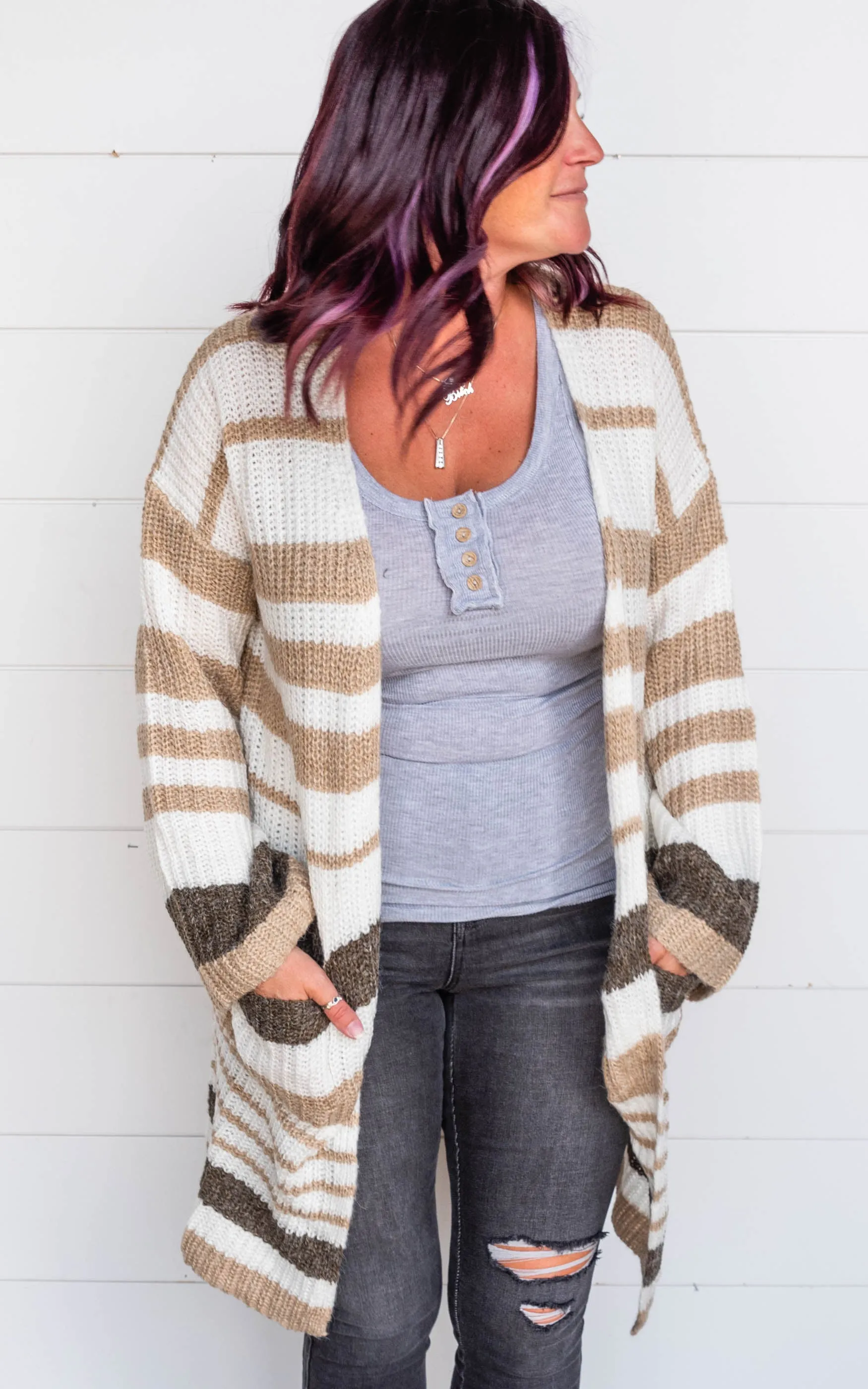 Striped Chunky Knit Full Body Cardigan with Bell Sleeves - Final Sale