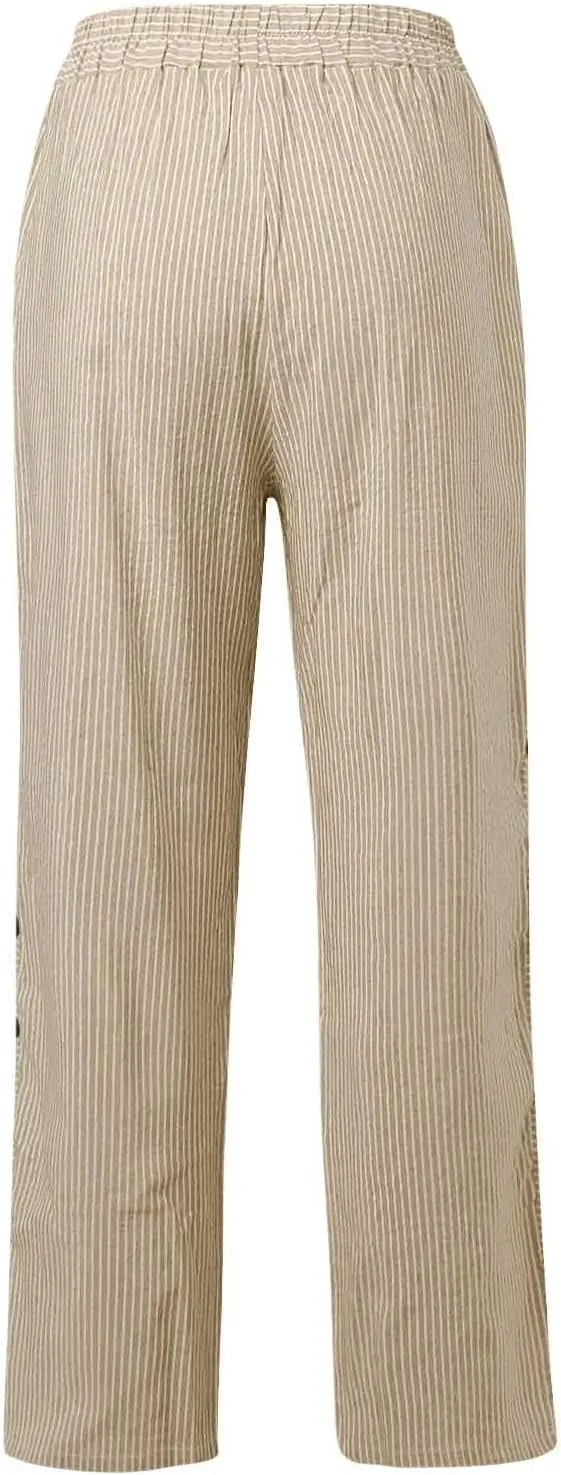 Striped Linen Pants Women Elastic High Waisted Cropped Pants Side Button Summer Vacation Capri Pants with Pockets