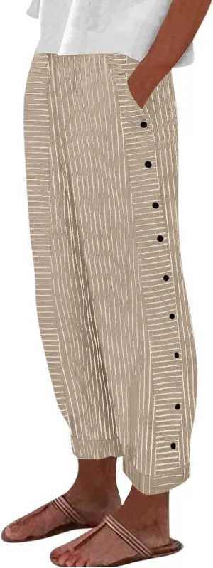 Striped Linen Pants Women Elastic High Waisted Cropped Pants Side Button Summer Vacation Capri Pants with Pockets