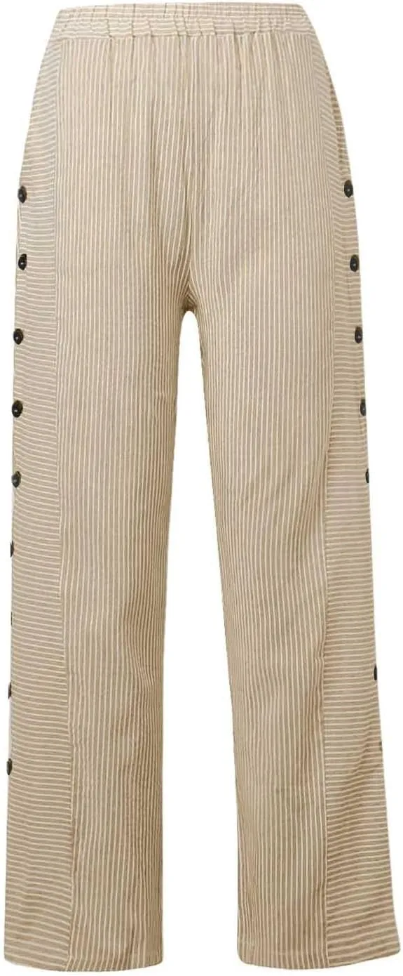 Striped Linen Pants Women Elastic High Waisted Cropped Pants Side Button Summer Vacation Capri Pants with Pockets