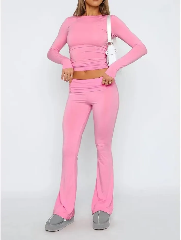 Sumleno Women Y2k Skinny Pants Flare Leggings Low Rise Fold Over Waist Bootcut Stretchy Yoga Sweatpants Lounge Streetwear