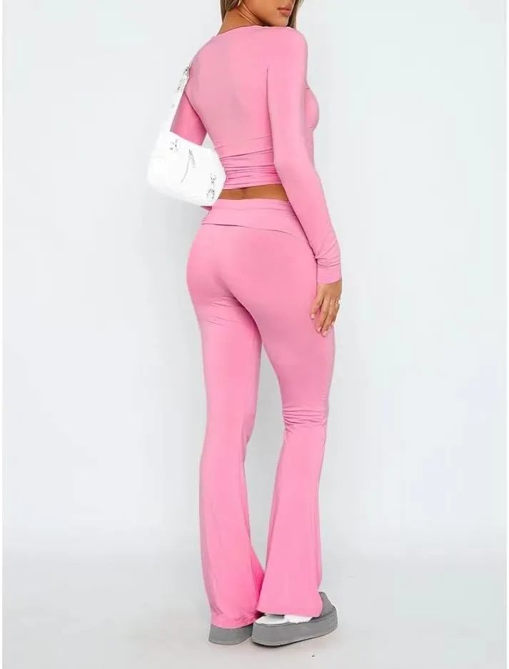 Sumleno Women Y2k Skinny Pants Flare Leggings Low Rise Fold Over Waist Bootcut Stretchy Yoga Sweatpants Lounge Streetwear