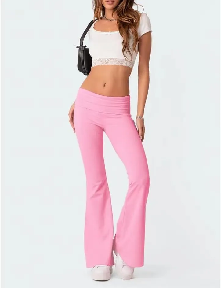 Sumleno Women Y2k Skinny Pants Flare Leggings Low Rise Fold Over Waist Bootcut Stretchy Yoga Sweatpants Lounge Streetwear