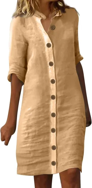 Summer Dresses for Women 2024 Casual Button Down Midi Shirt Dress Beach Half Sleeve V Neck Knee Length Dress