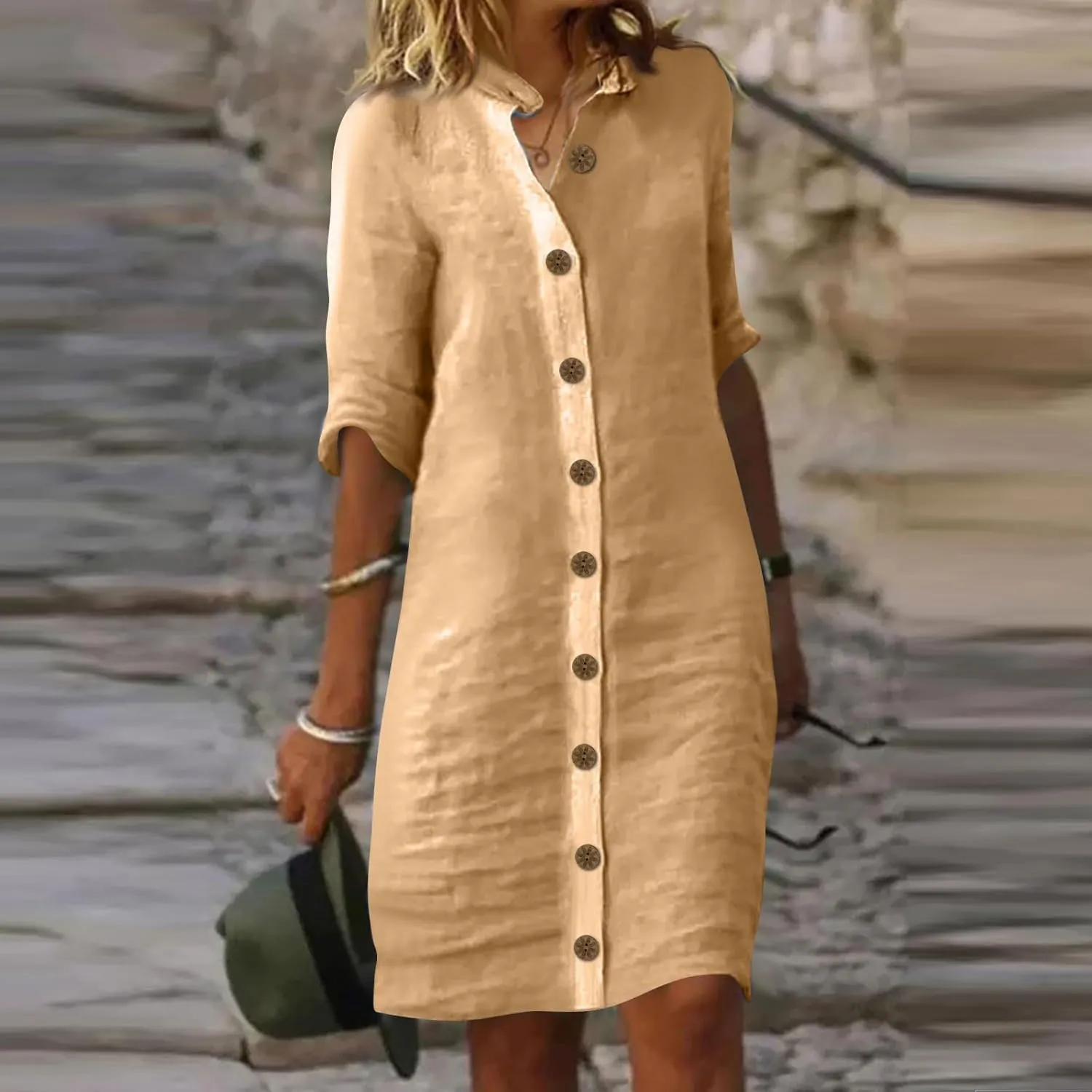 Summer Dresses for Women 2024 Casual Button Down Midi Shirt Dress Beach Half Sleeve V Neck Knee Length Dress