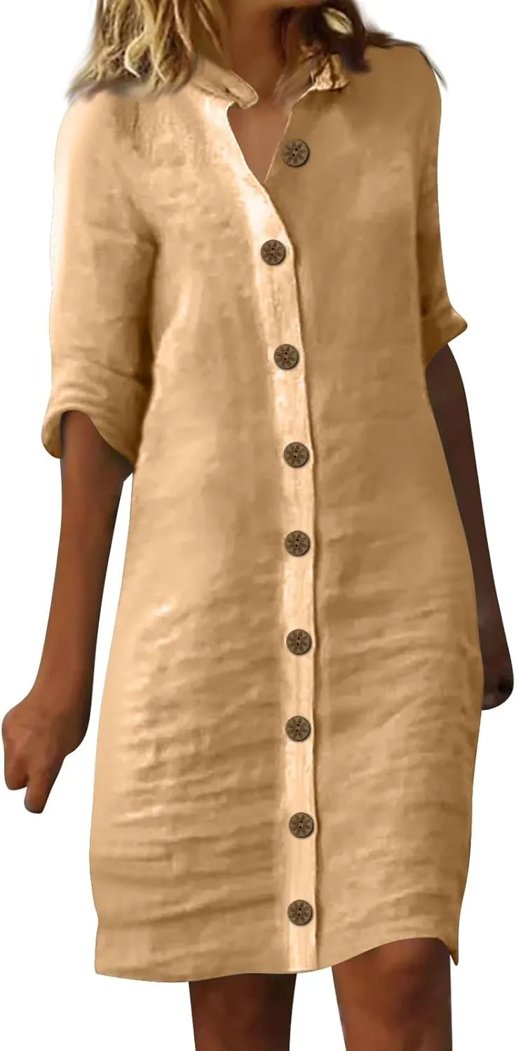 Summer Dresses for Women 2024 Casual Button Down Midi Shirt Dress Beach Half Sleeve V Neck Knee Length Dress