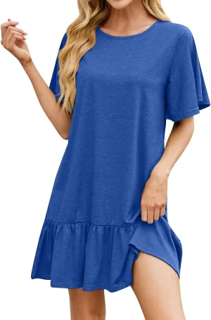 Summer Dresses for Women 2025 Short Sleeve Tshirt Dress Ruffle Hem Solid Loose Pleated Smock Mini Dresses