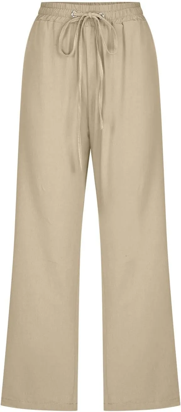 Summer Linen Capri Pants for Women Trendy High Waisted Capris Drawstring Lounge Trouser Wide Leg Beach Vacation Outfits