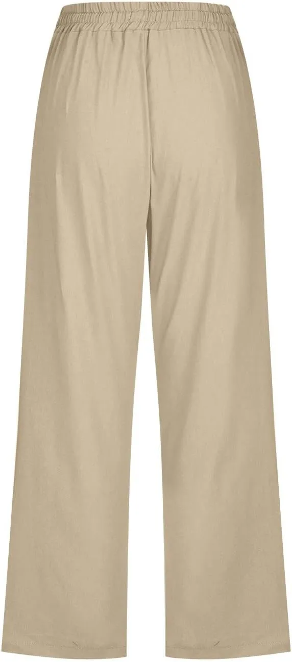 Summer Linen Capri Pants for Women Trendy High Waisted Capris Drawstring Lounge Trouser Wide Leg Beach Vacation Outfits