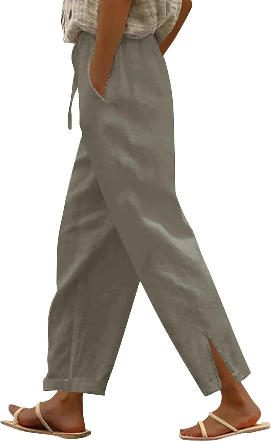 Summer Linen Pants Women High Waist Elastic Straight Wide Leg Lounge Pant Casual Loose Lightweight Beach Trousers