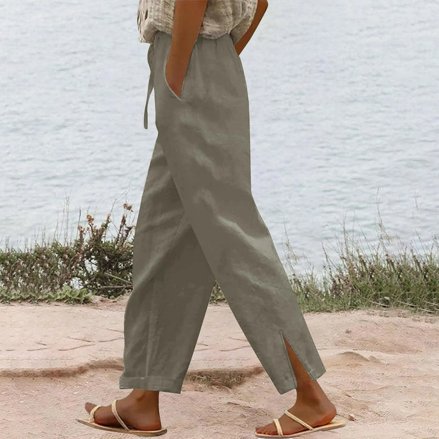 Summer Linen Pants Women High Waist Elastic Straight Wide Leg Lounge Pant Casual Loose Lightweight Beach Trousers
