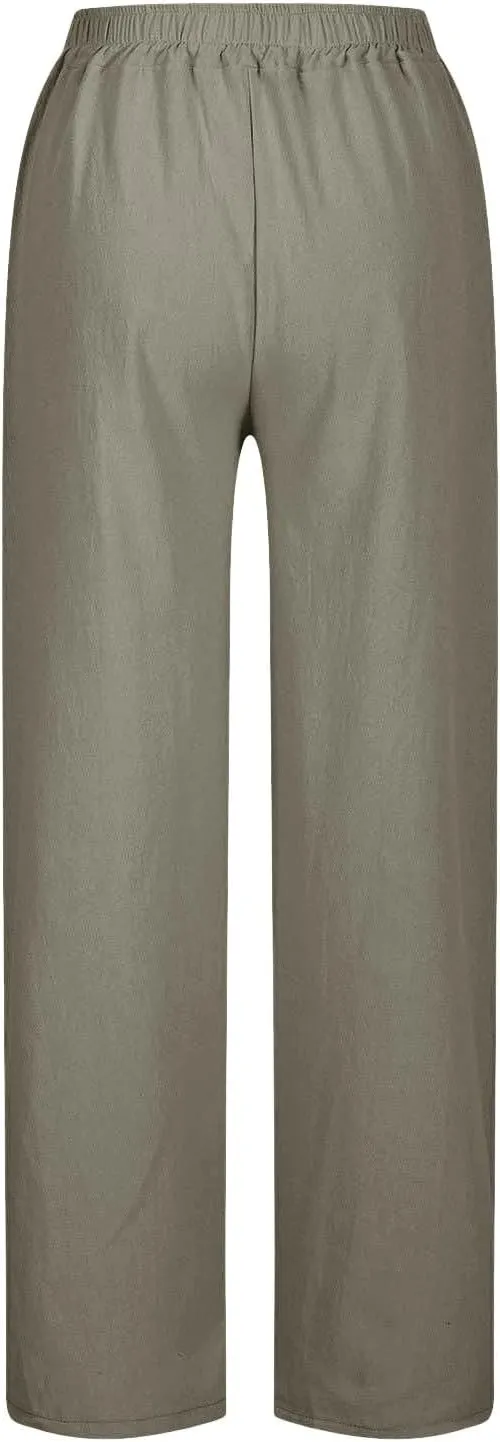 Summer Linen Pants Women High Waist Elastic Straight Wide Leg Lounge Pant Casual Loose Lightweight Beach Trousers