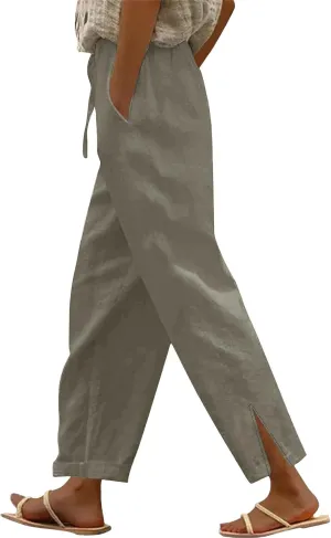 Summer Linen Pants Women High Waist Elastic Straight Wide Leg Lounge Pant Casual Loose Lightweight Beach Trousers