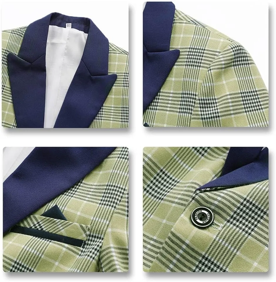 SWOTGdoby Boys Suits 3 Piece Slim Fit Check Plaid Kids Tuxedo Suits for Boys Formal Dress Blazer Jacket Pants Vest Wedding