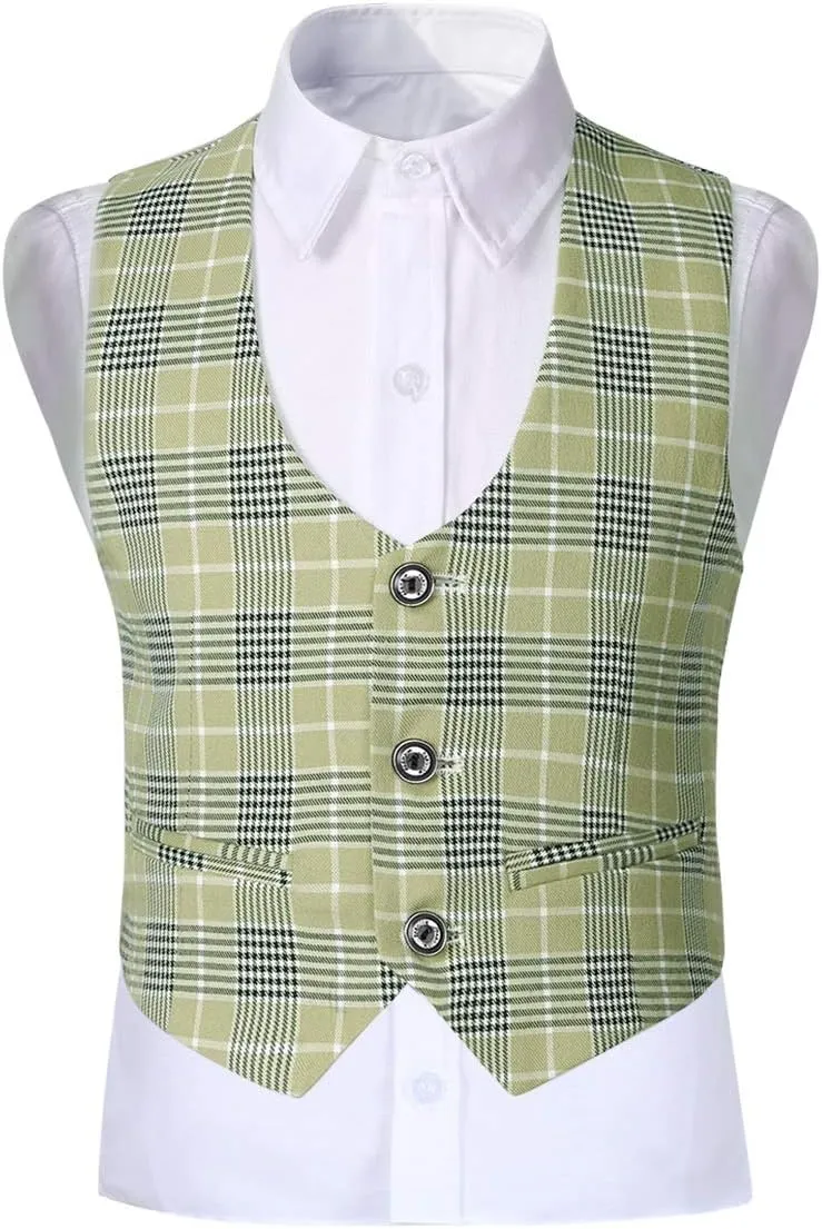 SWOTGdoby Boys Suits 3 Piece Slim Fit Check Plaid Kids Tuxedo Suits for Boys Formal Dress Blazer Jacket Pants Vest Wedding