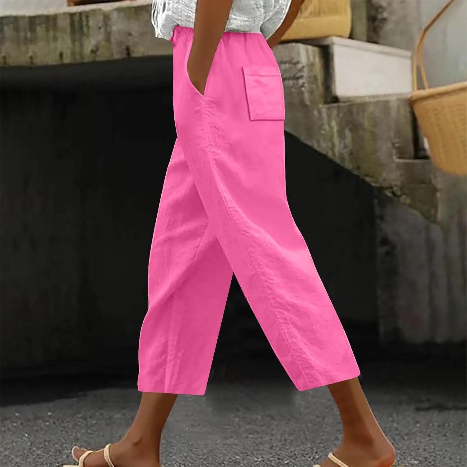 TANGNADE Petite Capris for Women Petite Length Casual Loose Drawstring Wide Cropped Trousers with Pocket Beach Clothes