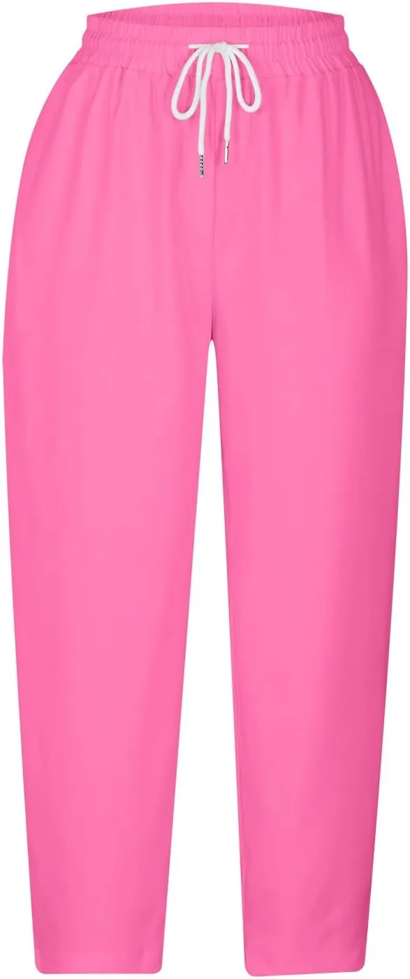 TANGNADE Petite Capris for Women Petite Length Casual Loose Drawstring Wide Cropped Trousers with Pocket Beach Clothes