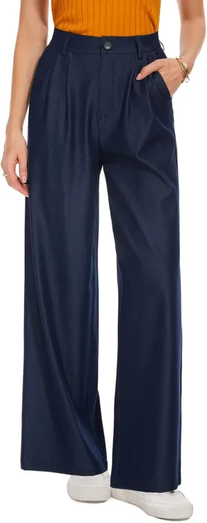 Tapata Women Wide Leg Pants High Waisted Dress Trousers Casual Elastic Pockets Business Work Slacks, Blue Faux Denim, 16