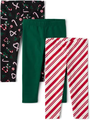 The Children's Place,Baby Girls,and Toddler Assorted Everyday Pull On Leggings,Candy Cane Christmas 3-Pack,2 Years