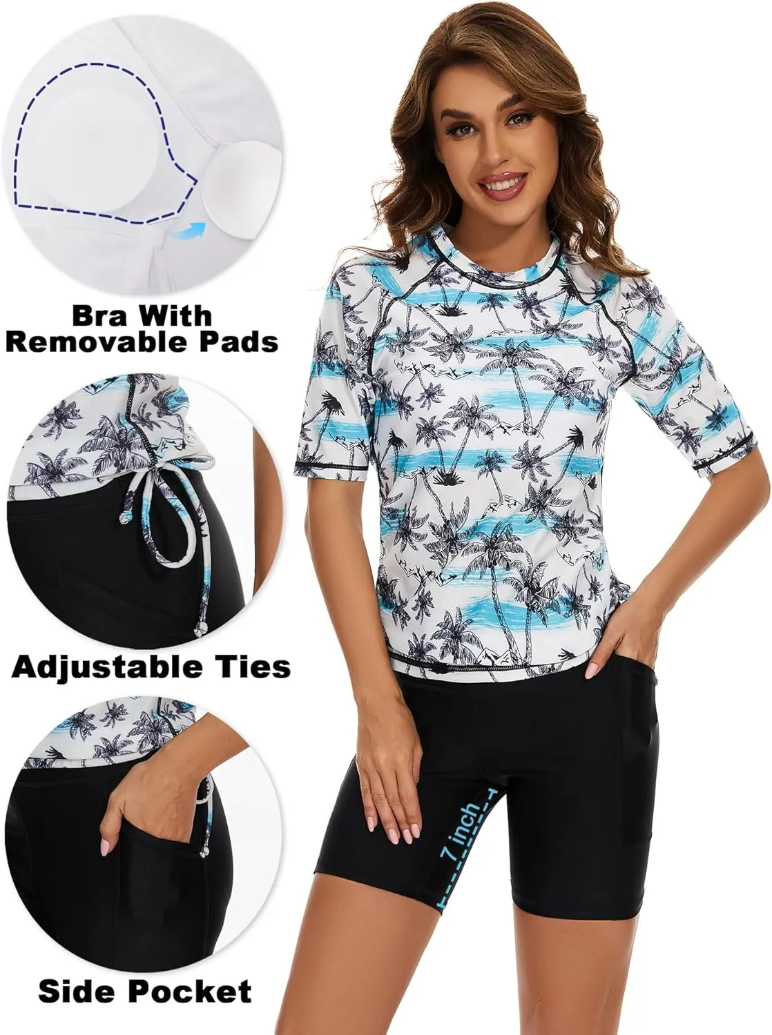 Tournesol Women's Two Piece Rash Guard Short Sleeve Swim Shirts UPF 50  Built in Bra Swimsuit with Boyshorts with Pockets