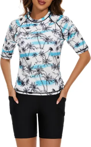 Tournesol Women's Two Piece Rash Guard Short Sleeve Swim Shirts UPF 50  Built in Bra Swimsuit with Boyshorts with Pockets