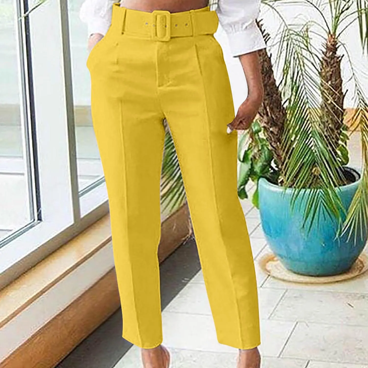 Uillui Dress Suit Pants for Women Business Casual Straight Leg Trouser Dressy High Waist Office Work Pant Slacks with Belted