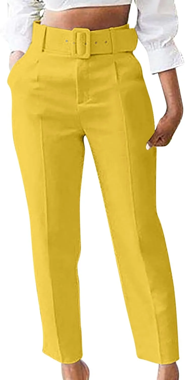 Uillui Dress Suit Pants for Women Business Casual Straight Leg Trouser Dressy High Waist Office Work Pant Slacks with Belted