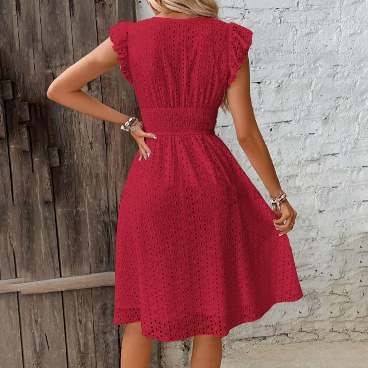 Vacation Dresses for Women 2025 Summer Trendy Eyelet Lace Ruffle Sleeve V Neck Midi Dress Flowy A Line Sundress