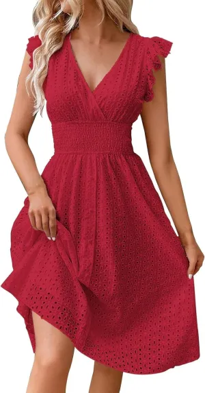 Vacation Dresses for Women 2025 Summer Trendy Eyelet Lace Ruffle Sleeve V Neck Midi Dress Flowy A Line Sundress