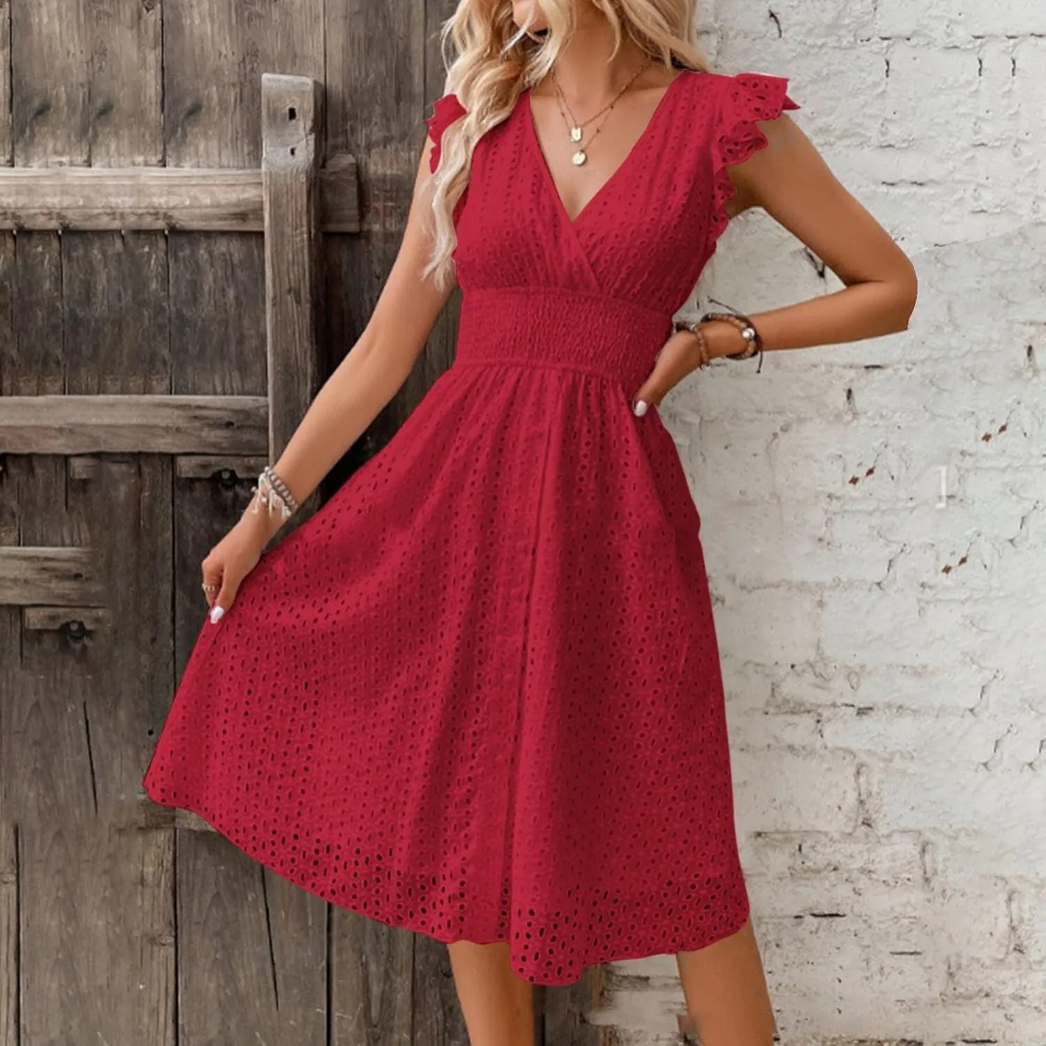 Vacation Dresses for Women 2025 Summer Trendy Eyelet Lace Ruffle Sleeve V Neck Midi Dress Flowy A Line Sundress