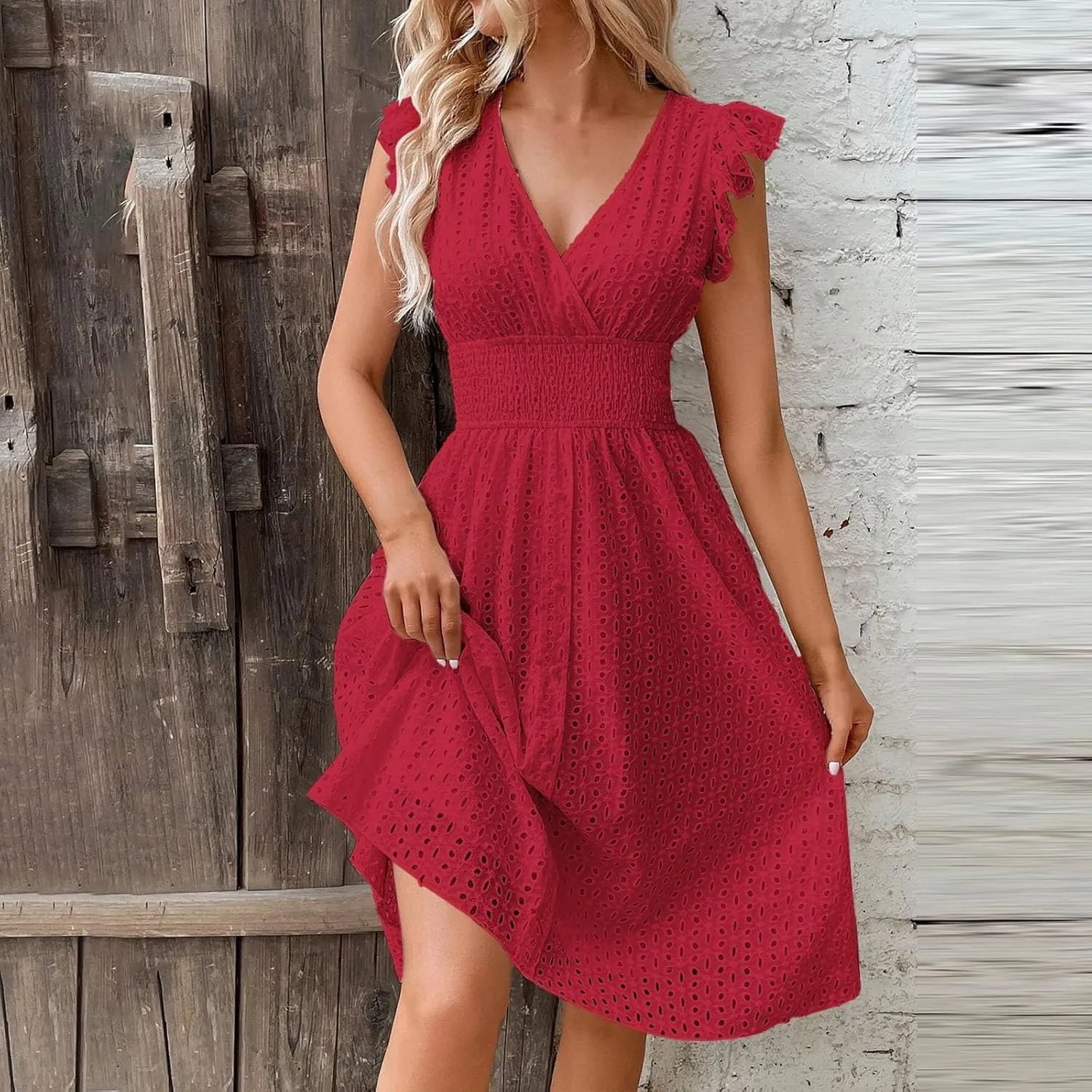Vacation Dresses for Women 2025 Summer Trendy Eyelet Lace Ruffle Sleeve V Neck Midi Dress Flowy A Line Sundress