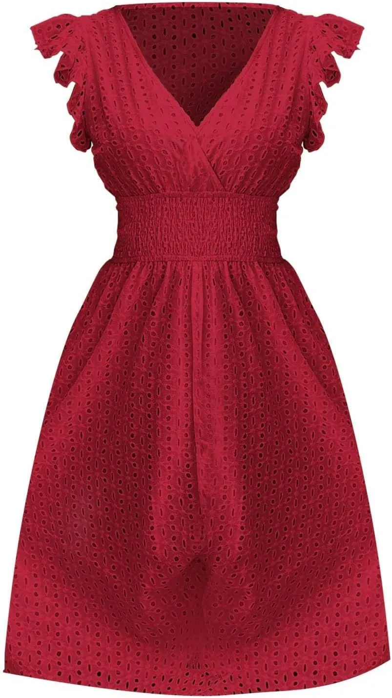Vacation Dresses for Women 2025 Summer Trendy Eyelet Lace Ruffle Sleeve V Neck Midi Dress Flowy A Line Sundress